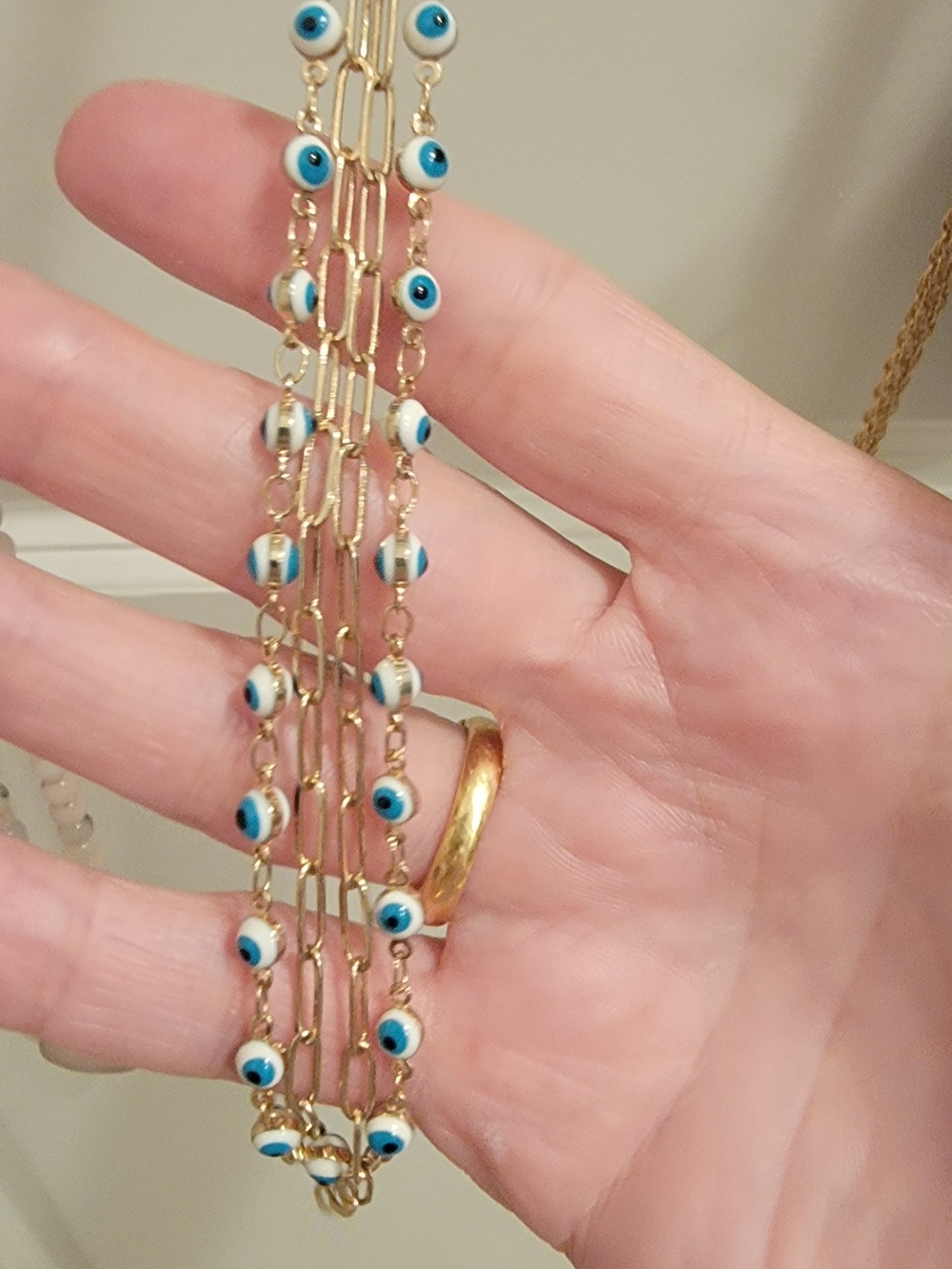 Gold Chain Bracelet with Blue and White Evil Eye Beads